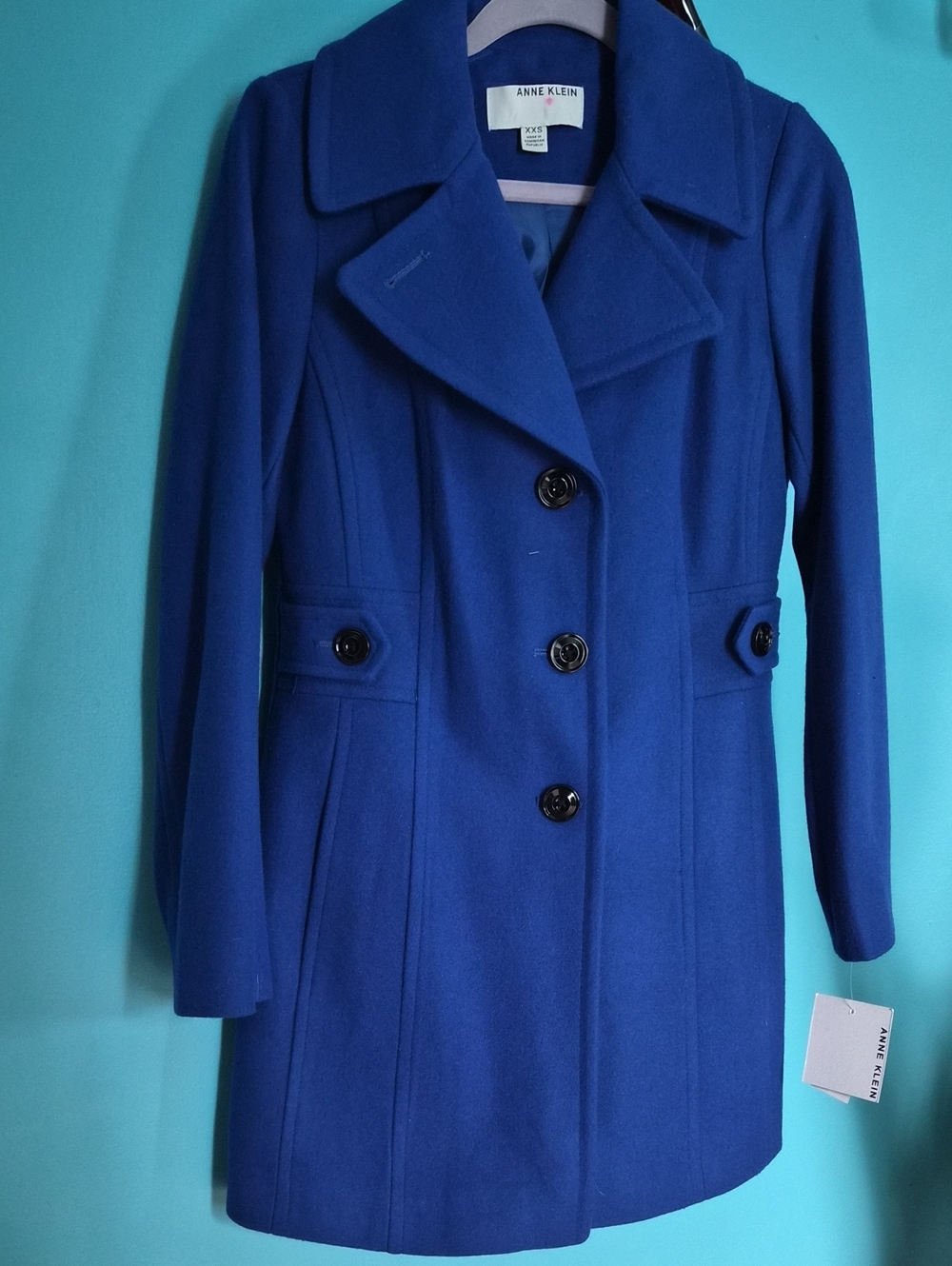 NWT WOOL BLAND Anne Klein Cobalt Blue Wool Pea Coat. PTP 18" LENTH 32"